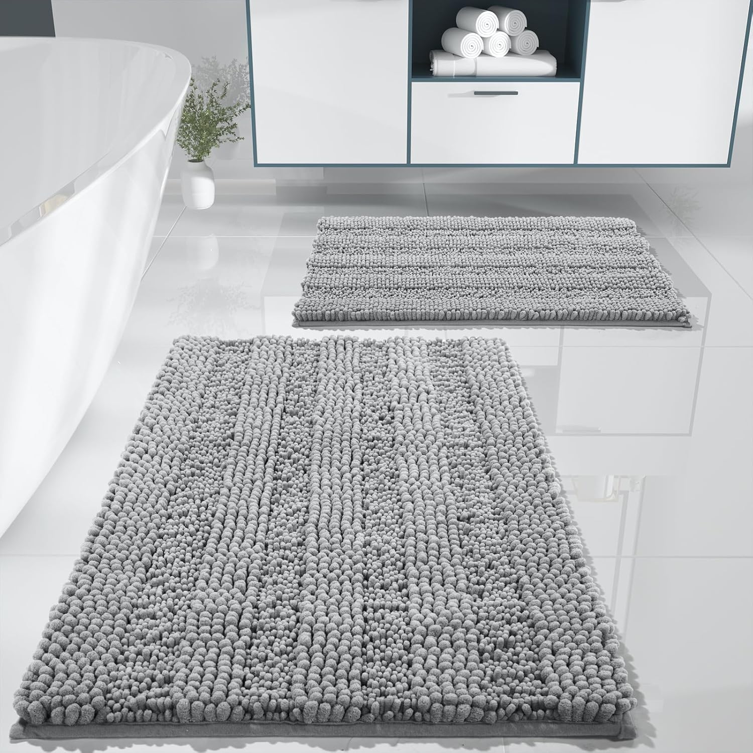 Yimobra Luxury Chenille Shaggy Bathroom Rug Set, 2 Pack Soft Fluffy Plush Bath Mat, Extra Thick, Non-Slip, Water Absorbent, Machine Washable, Bath Mats for Bathroom (Grey, 20" x 32"+17" x 24")